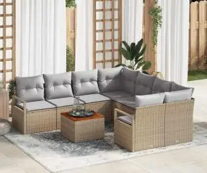 Set canapea grădină 9 piese cu perne, bej, ratan sintetic, lemn de acacia