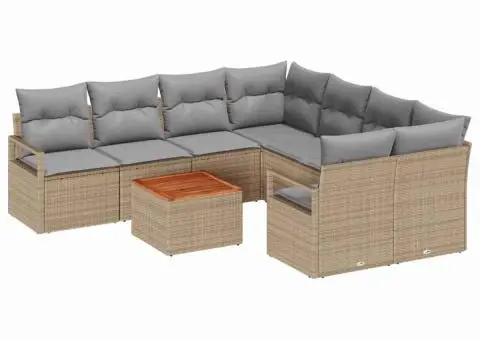 Set canapea grădină 9 piese cu perne, bej, ratan sintetic, lemn de acacia - 2/5
