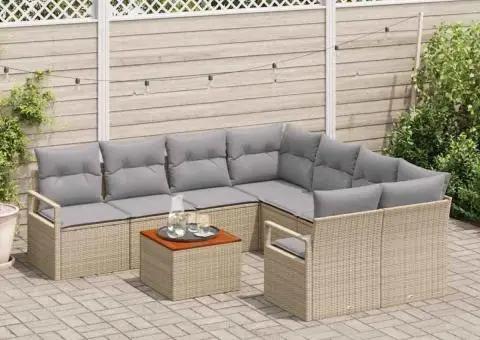 Set canapea grădină 9 piese cu perne, bej, ratan sintetic, lemn de acacia - 3/5