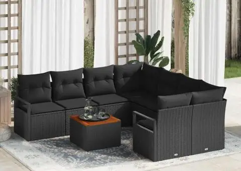 Set de canapea de grădină , 9 piese, cu perne, din ratan negru și acacia - 1/5