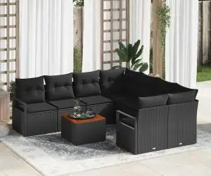 Set de canapea de grădină , 9 piese, cu perne, din ratan negru și acacia
