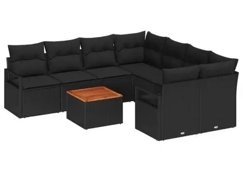 Set de canapea de grădină , 9 piese, cu perne, din ratan negru și acacia - 2/5