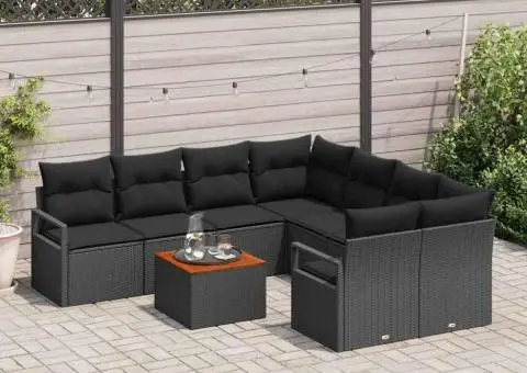 Set de canapea de grădină , 9 piese, cu perne, din ratan negru și acacia - 3/5