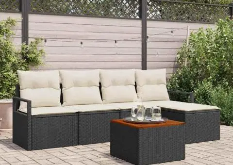 Set de canapele de grădină din 6 piese cu perne, Negru, Rattan Poli, Acacia - 1/5