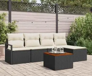 Set de canapele de grădină din 6 piese cu perne, Negru, Rattan Poli, Acacia