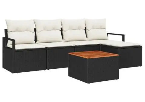 Set de canapele de grădină din 6 piese cu perne, Negru, Rattan Poli, Acacia - 2/5