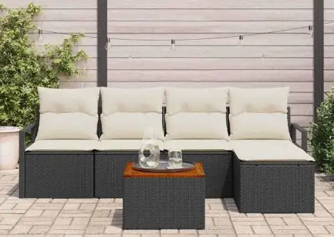 Set de canapele de grădină din 6 piese cu perne, Negru, Rattan Poli, Acacia - 3/5