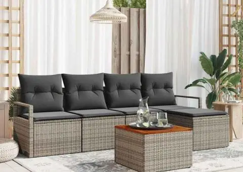 Set canapé de grădină cu 6 piese, cu perne gri din poli-ratan și lemn de acacia - 1/5