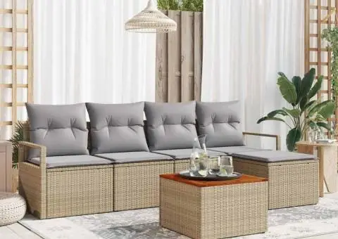 Set de canapea de grădină cu 6 piese și perne, bej, din ratan poliuretanic și acacia - 1/5