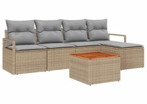 Set de canapea de grădină cu 6 piese și perne, bej, din ratan poliuretanic și acacia - 2/5