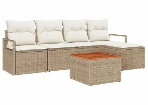 Set canapea grădină 6 piese, perne bej, din ratan polițat și acacia - 2/5