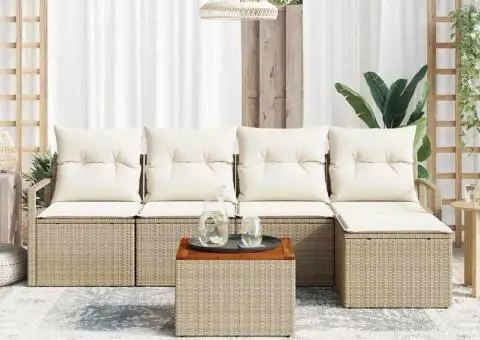 Set canapea grădină 6 piese, perne bej, din ratan polițat și acacia - 3/5