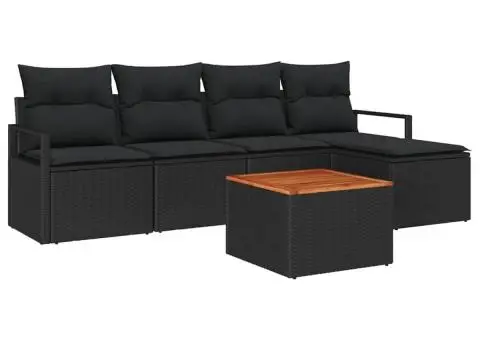Set de canapele de grădină 6 piese cu perne, din rattan negru și acacia - 2/5