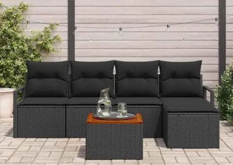 Set de canapele de grădină 6 piese cu perne, din rattan negru și acacia - 3/5