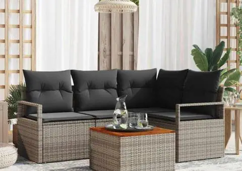 Set de canapea de grădină de 5 piese cu perne, gri, din ratan poliesteric și acacia - 1/5