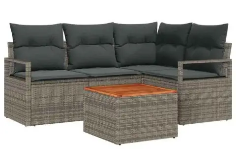 Set de canapea de grădină de 5 piese cu perne, gri, din ratan poliesteric și acacia - 2/5
