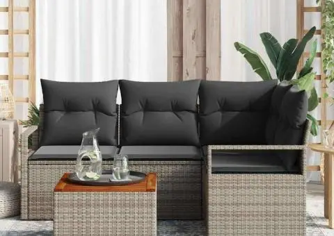 Set de canapea de grădină de 5 piese cu perne, gri, din ratan poliesteric și acacia - 3/5