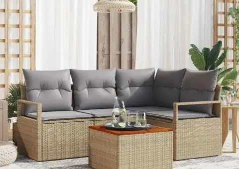 Set de canapea de grădină de 5 piese cu perne bej din ratan poliesteric și lemn de acacia - 1/5