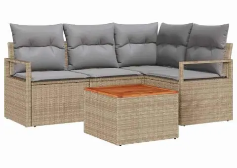 Set de canapea de grădină de 5 piese cu perne bej din ratan poliesteric și lemn de acacia - 2/5