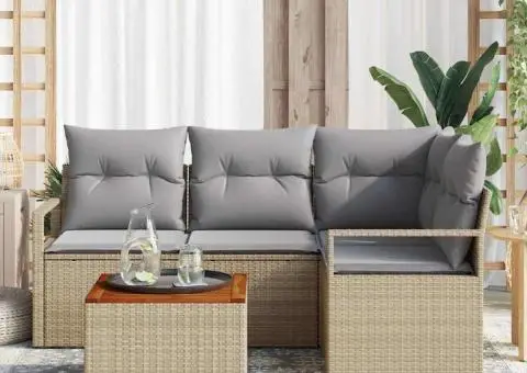 Set de canapea de grădină de 5 piese cu perne bej din ratan poliesteric și lemn de acacia - 3/5