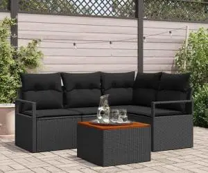 Set de canapele pentru grădină, 5 piese cu perne, negru, din ratan poly și acacia.
