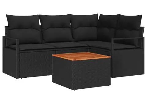 Set de canapele pentru grădină, 5 piese cu perne, negru, din ratan poly și acacia. - 2/5