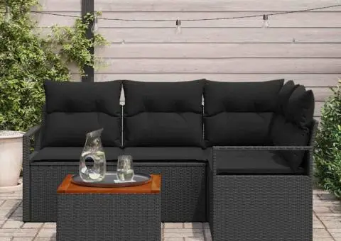 Set de canapele pentru grădină, 5 piese cu perne, negru, din ratan poly și acacia. - 3/5