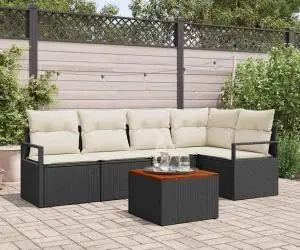 Set de canapea de grădină, 6 piese, cu perne, din rattan polietilenă negru și lemn de acacia.