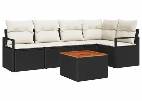 Set de canapea de grădină, 6 piese, cu perne, din rattan polietilenă negru și lemn de acacia. - 2/5