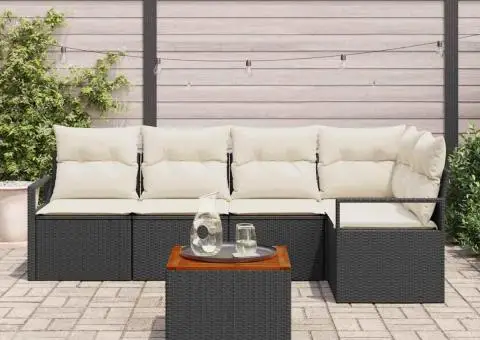 Set de canapea de grădină, 6 piese, cu perne, din rattan polietilenă negru și lemn de acacia. - 3/5