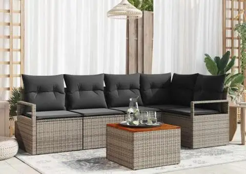 Set de Canapea de Grădină cu 6 Piese, Perne Gri, din Ratan Polimeric și Acacia. - 1/5