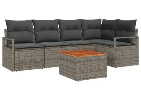 Set de Canapea de Grădină cu 6 Piese, Perne Gri, din Ratan Polimeric și Acacia. - 2/5