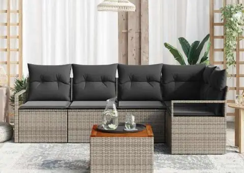 Set de Canapea de Grădină cu 6 Piese, Perne Gri, din Ratan Polimeric și Acacia. - 3/5
