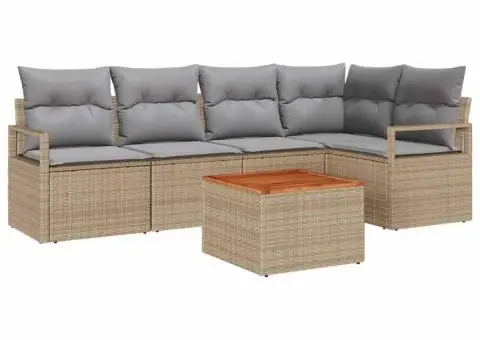 Set de canapele de grădină 6 piese cu perne bej din rattan polimeric și acacia. - 2/5