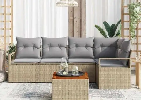 Set de canapele de grădină 6 piese cu perne bej din rattan polimeric și acacia. - 3/5