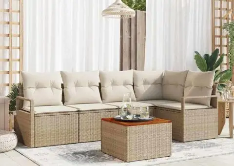 Set de canapele de grădină din 6 piese, cu perne bej, din rattan poli și acacia. - 1/5