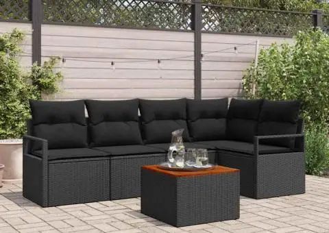 Set canapea grădină cu 6 piese, perne incluse, negru, poli rattan, acacia - 1/5