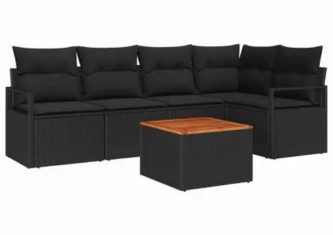 Set canapea grădină cu 6 piese, perne incluse, negru, poli rattan, acacia - 2/5