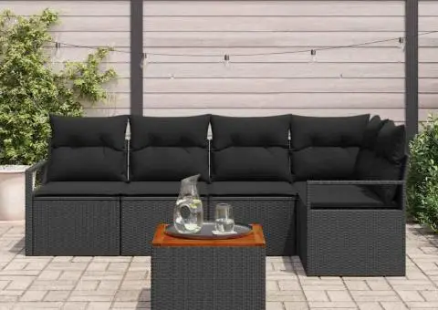 Set canapea grădină cu 6 piese, perne incluse, negru, poli rattan, acacia - 3/5