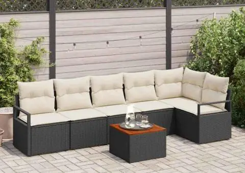 Set de canapele pentru grădină din 7 piese cu perne negre, rattan sintetic, acacia - 1/5