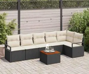 Set de canapele pentru grădină din 7 piese cu perne negre, rattan sintetic, acacia
