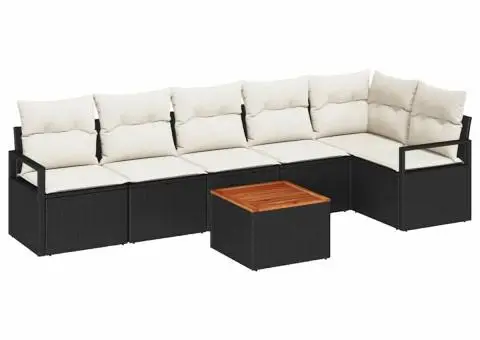 Set de canapele pentru grădină din 7 piese cu perne negre, rattan sintetic, acacia - 2/5