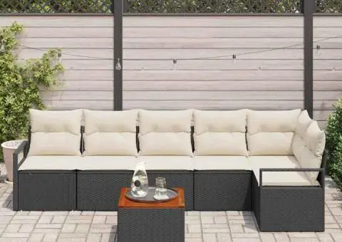 Set de canapele pentru grădină din 7 piese cu perne negre, rattan sintetic, acacia - 3/5