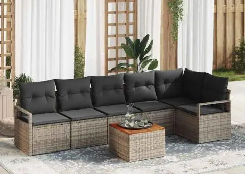 Set canapea grădină, 7 piese, cu perne gri, din rattan poliester și acacia - 1/5