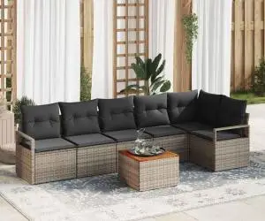 Set canapea grădină, 7 piese, cu perne gri, din rattan poliester și acacia