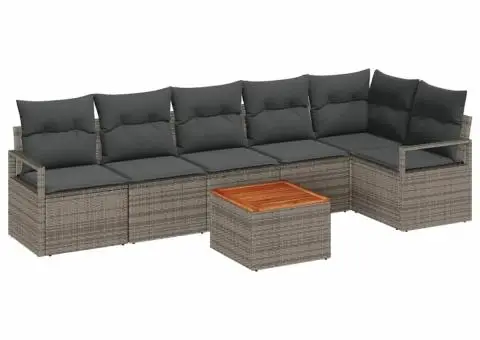 Set canapea grădină, 7 piese, cu perne gri, din rattan poliester și acacia - 2/5