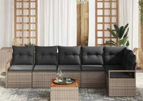 Set canapea grădină, 7 piese, cu perne gri, din rattan poliester și acacia - 3/5