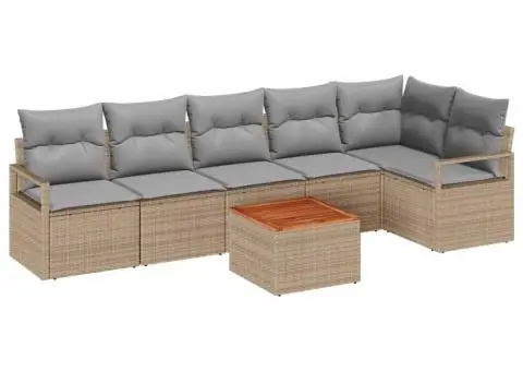 Set de canapele de grădină, 7 piese, cu perne bej, din ratan poliesteric și lemn de acacia. - 2/5