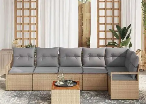 Set de canapele de grădină, 7 piese, cu perne bej, din ratan poliesteric și lemn de acacia. - 3/5