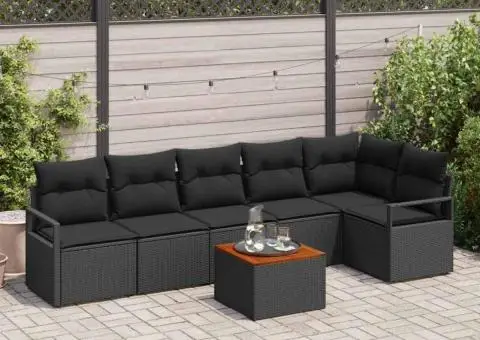 Set de canapea de grădină, 7 piese, marca , cu perne negre, din ratan poliester și acacia. - 1/5